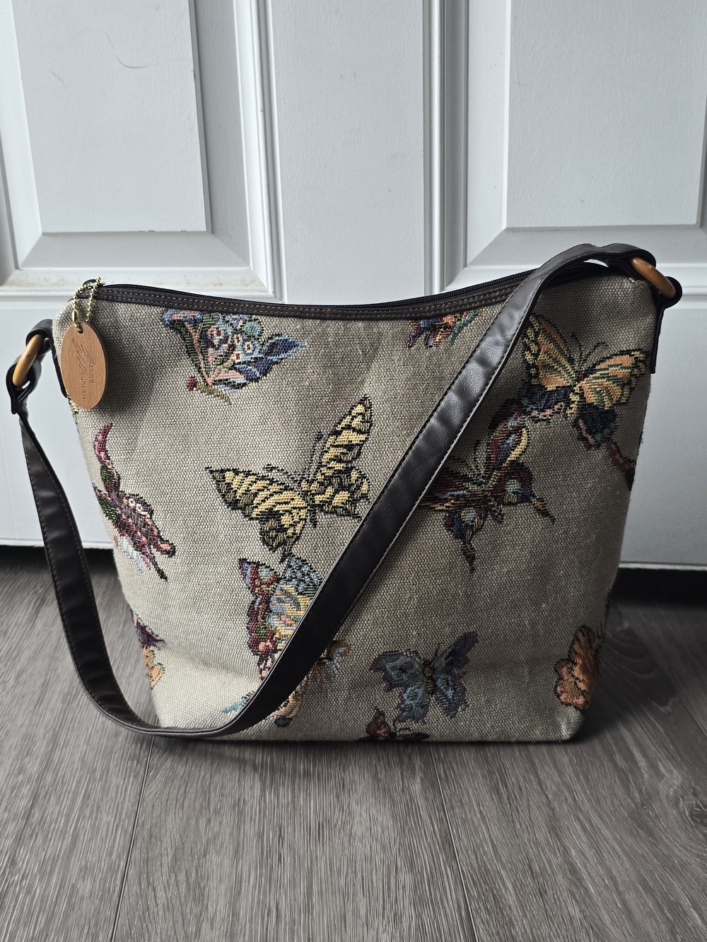 Stone Mountain Madam Butterfly Tapestry Crossbody Bag Bamboo Wood Bead Purple